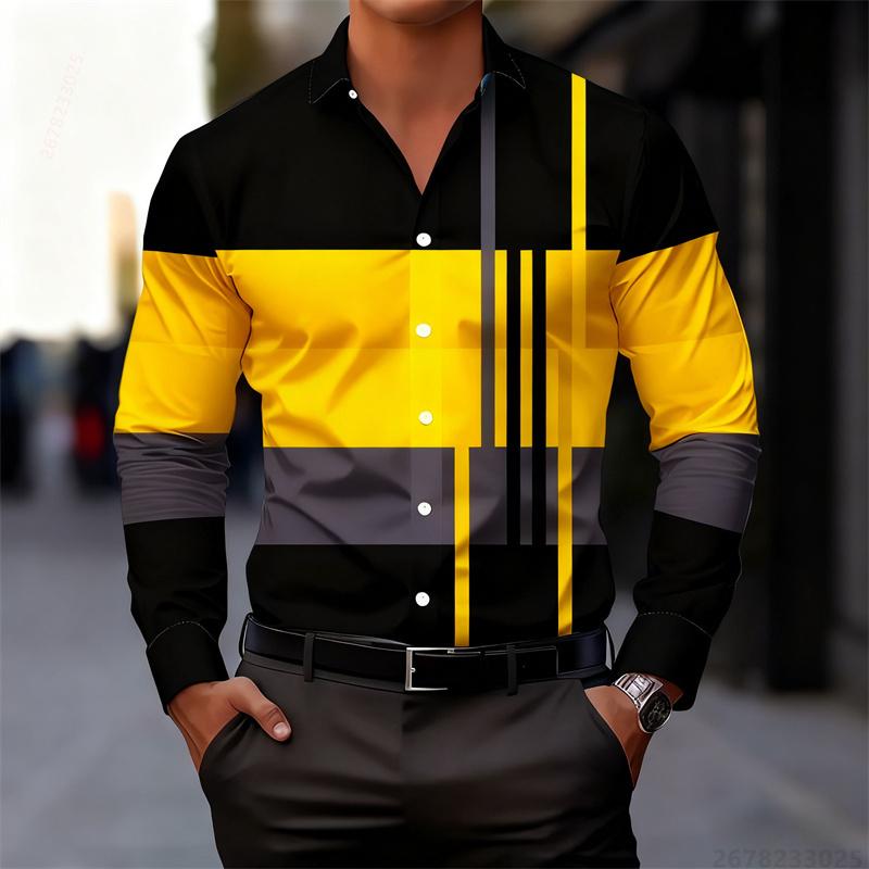 Men's Color-blocked Striped Patchwork Long-sleeved Shirt, Unique Geometric Pattern Slim Fit Shirt, Stylish Men's Top, S-6XL.