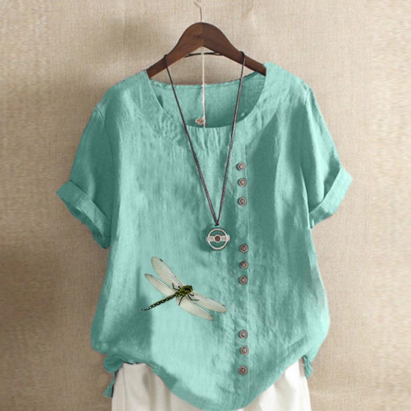 Women's Fashion Round Neck Short Sleeve T-shirt Casual Cotton Linen Graphic Shirt Leisure Loose Dragonfly Prined Summer Blouse Tops