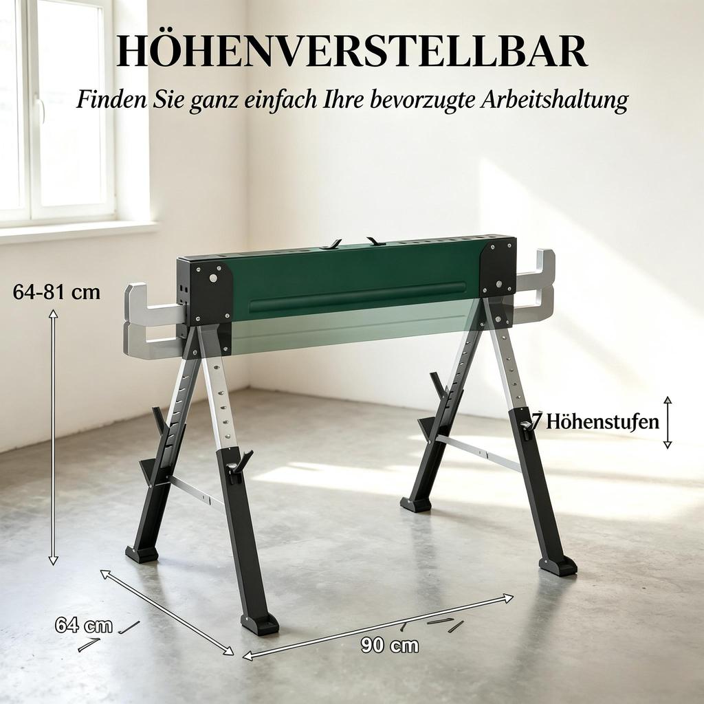 2 Foldable Metal Trestles As a Set, Max. Load 1160 Kg, Height-adjustable 64-81 Cm, Includes Carrying Handle