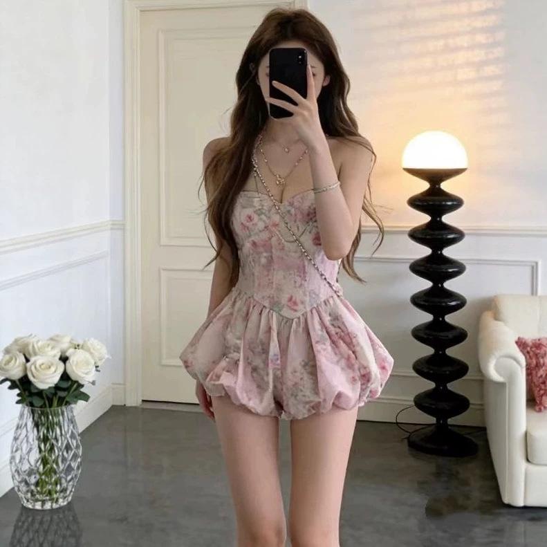 French Pure Desire Pink Tube Top Floral Dress Women's Summer New Sweet Temperament High-end Dress Shorts