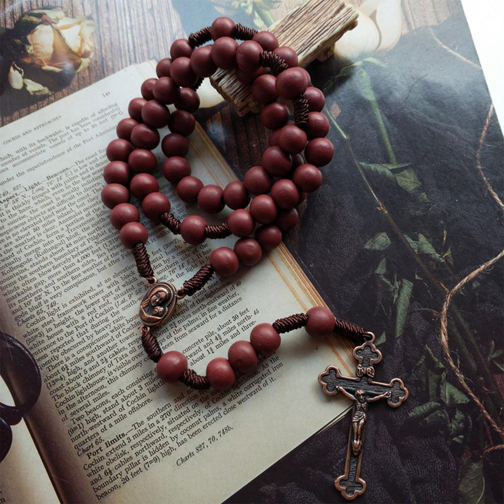 Natural Wood Cross Rosary Pendant Necklaces Catholic Jesus Bead Necklaces for Men Women Jewelry Christian Religious Gift