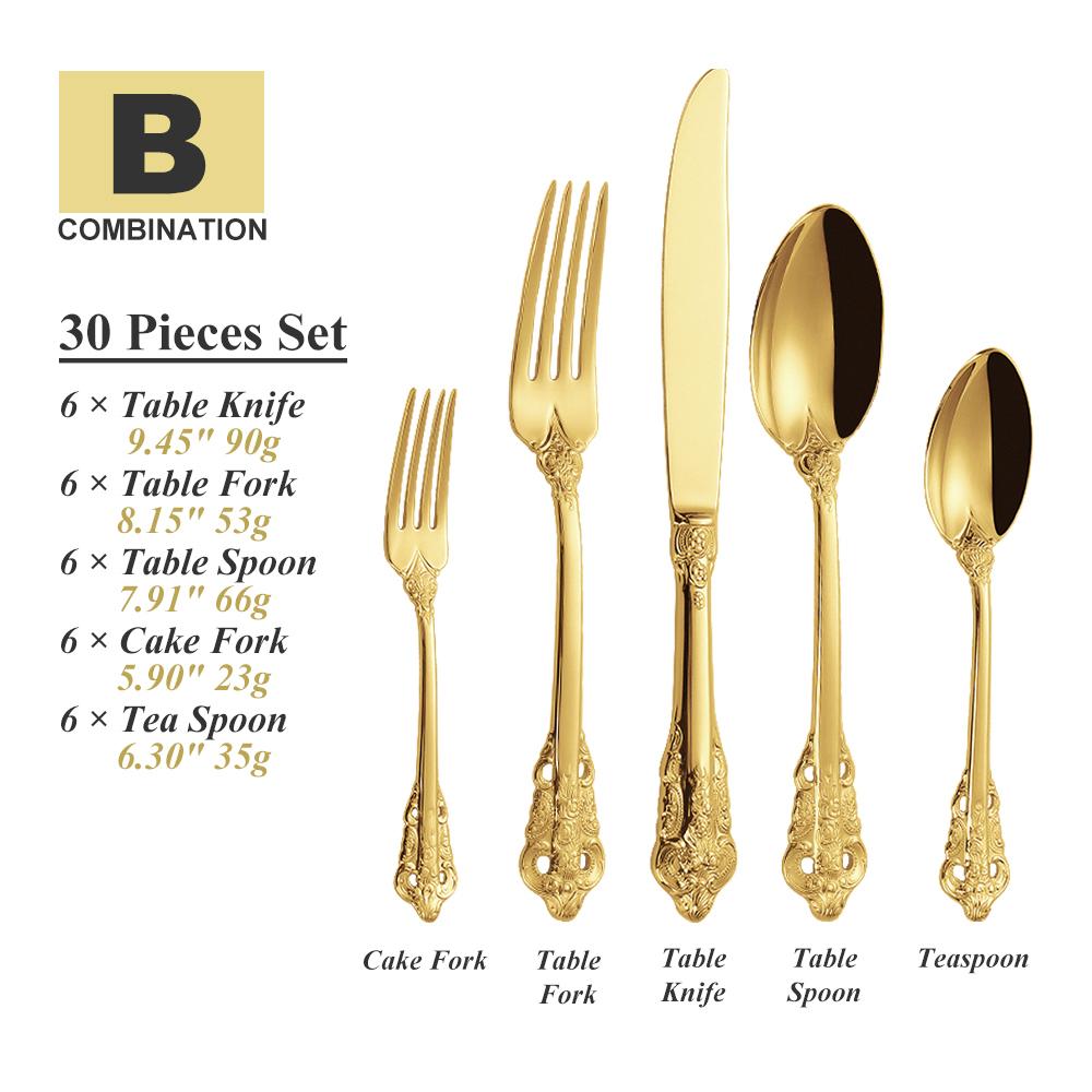 30-Pieces Royal Vintage Gold Plated Stainless Steel Cutlery Colorful Spoon Fork Knife Set Black Rose Gold Flatware Service For 6