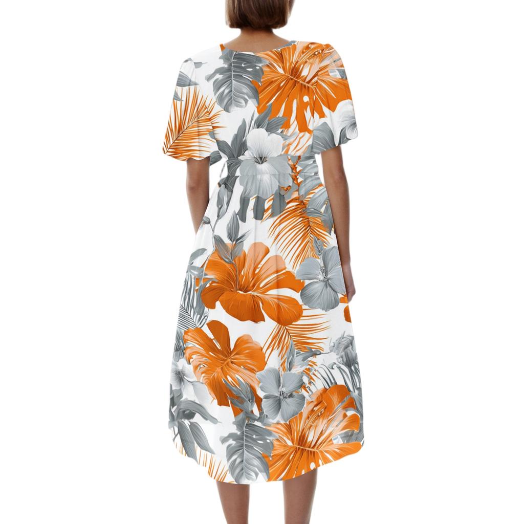 Women Casual V Neck Short Sleeve Floral Print Dress Vintage Style Midi Length Summer Dress with Wrap Design and Flared Skirt