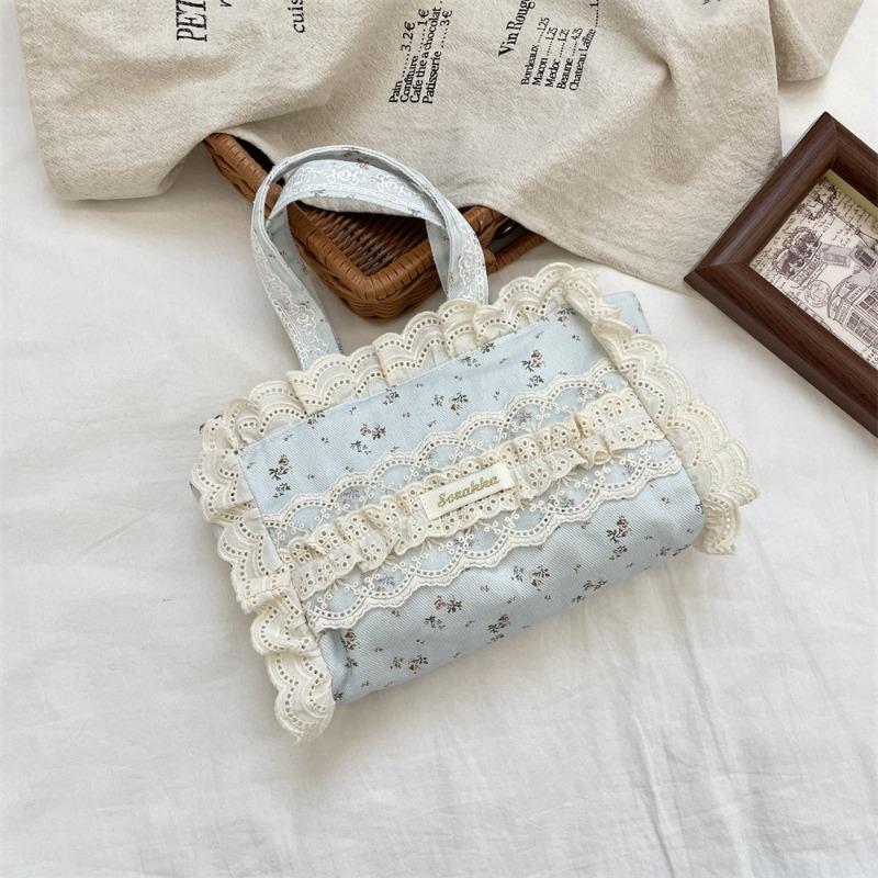 Lace broken flower canvas bag women's new fashion casual commuter tote bag lace edge handbag