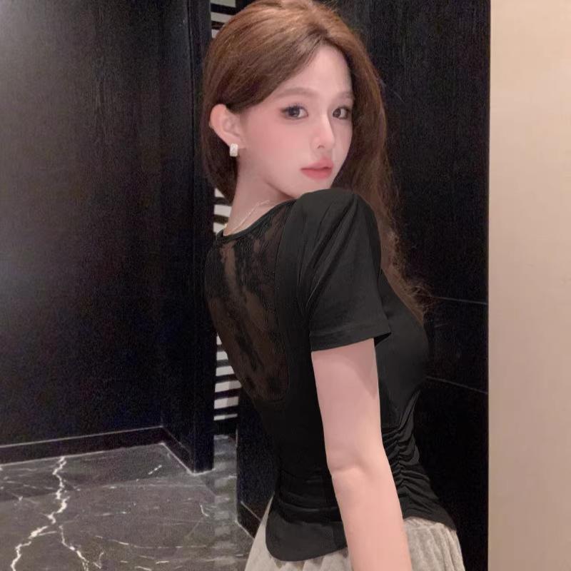 White Backless Mesh Stitching Front Shoulder Short-sleeved T-shirt Women's Summer Design Sense Slim Fit Unique Super Good-looking Small Top