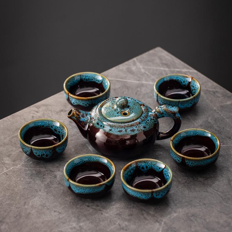 Ceramic Jun Kiln Kung Fu Tea Set, One Pot and Six Cups of Business Small Gifts As Souvenirs