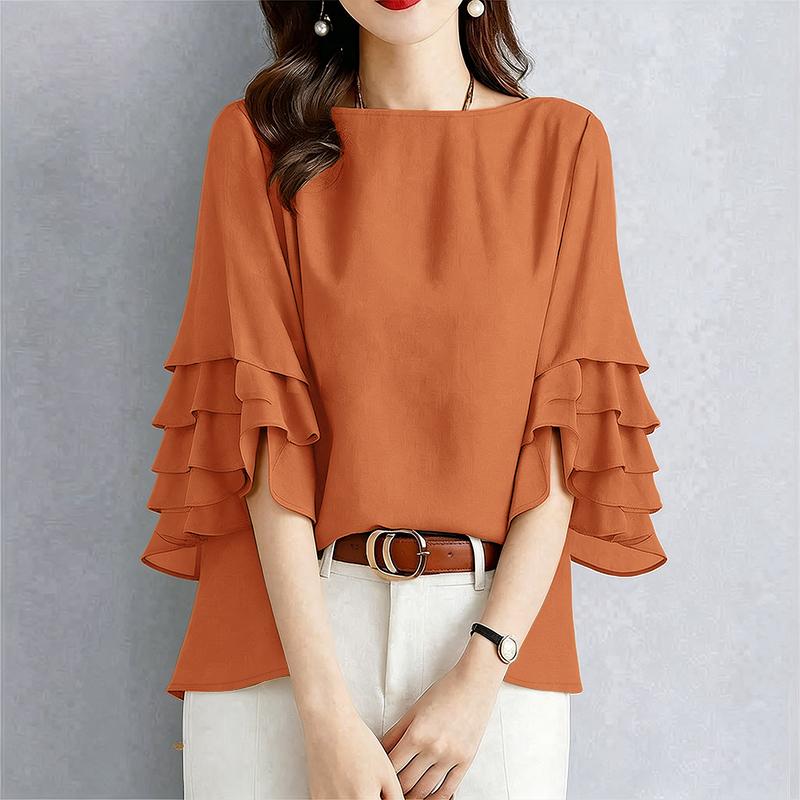 ZANZEA Blusa da Donna Casual Girocollo Monocolore con Volant Manica 3/4 Larga