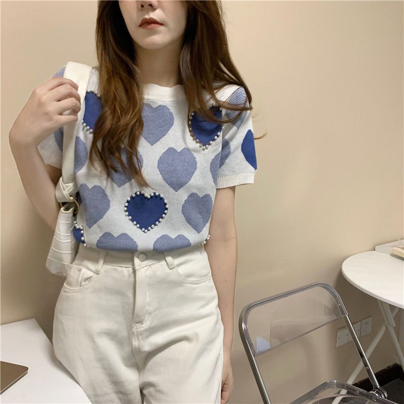 Ice Silk Knitted Short Sleeved Women's Summer Thin Design Niche French Gentle Style Short on Top Clothing