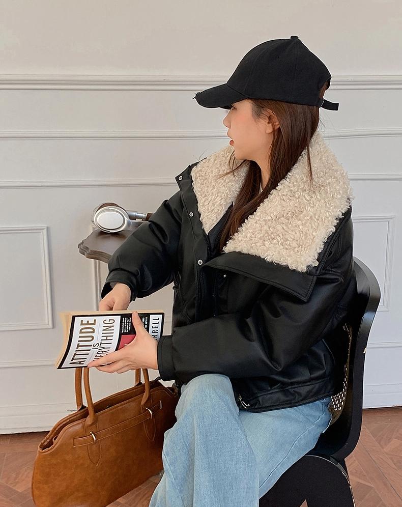 Short Lamb Wool Lapel PU Jacket