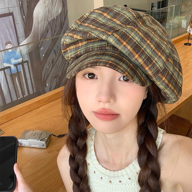

Японский нишевый дизайн клетчатая восьмиугольная шляпа женская летняя тонкая ретро-шляпа с маленьким облаком повседневный универсальный берет M（56-58cm）