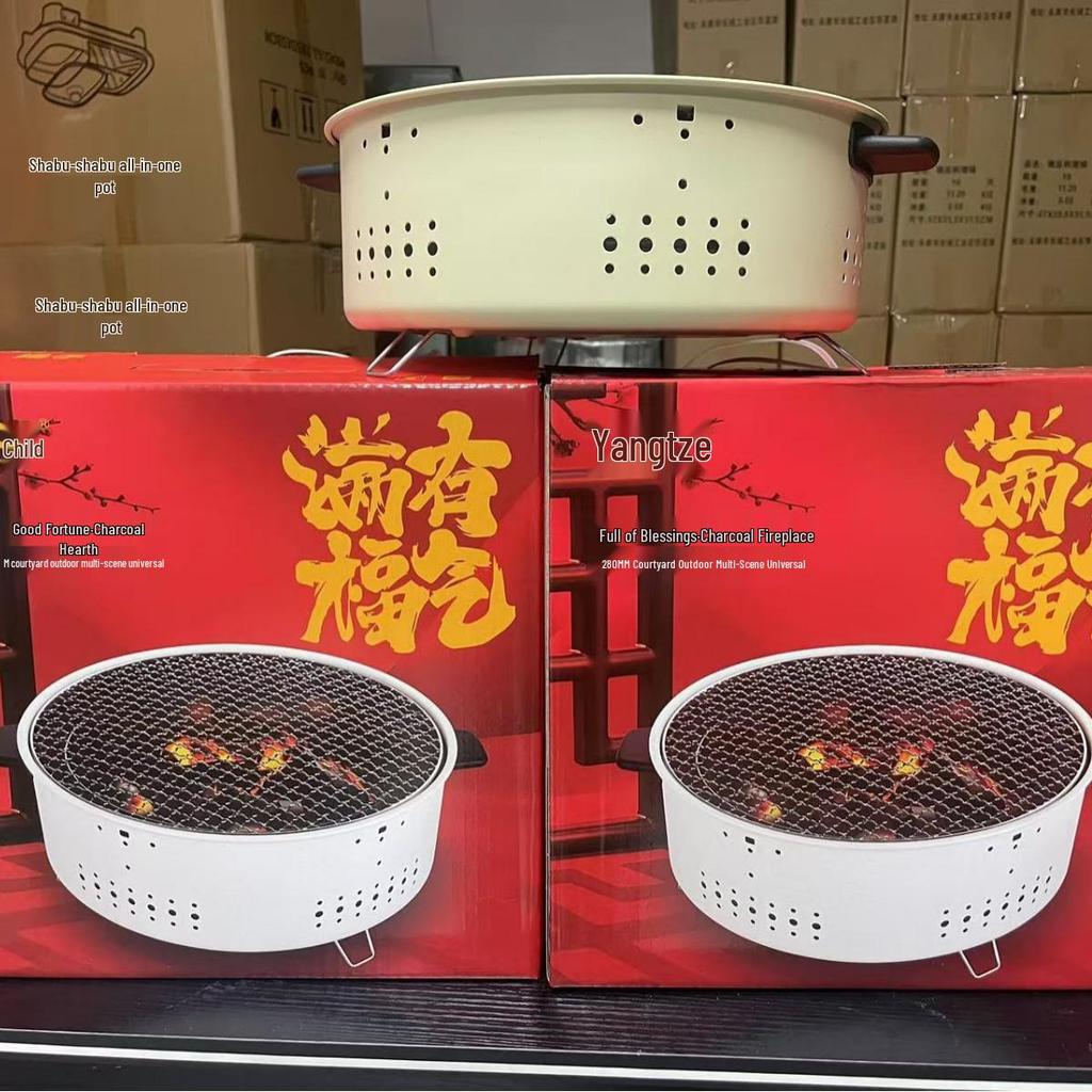 Churrasqueira a Carvão para Exterior com Grelha Redonda para Casa, Preparo de Chá, Acampamento e Uso como Fogão de Aquecimento