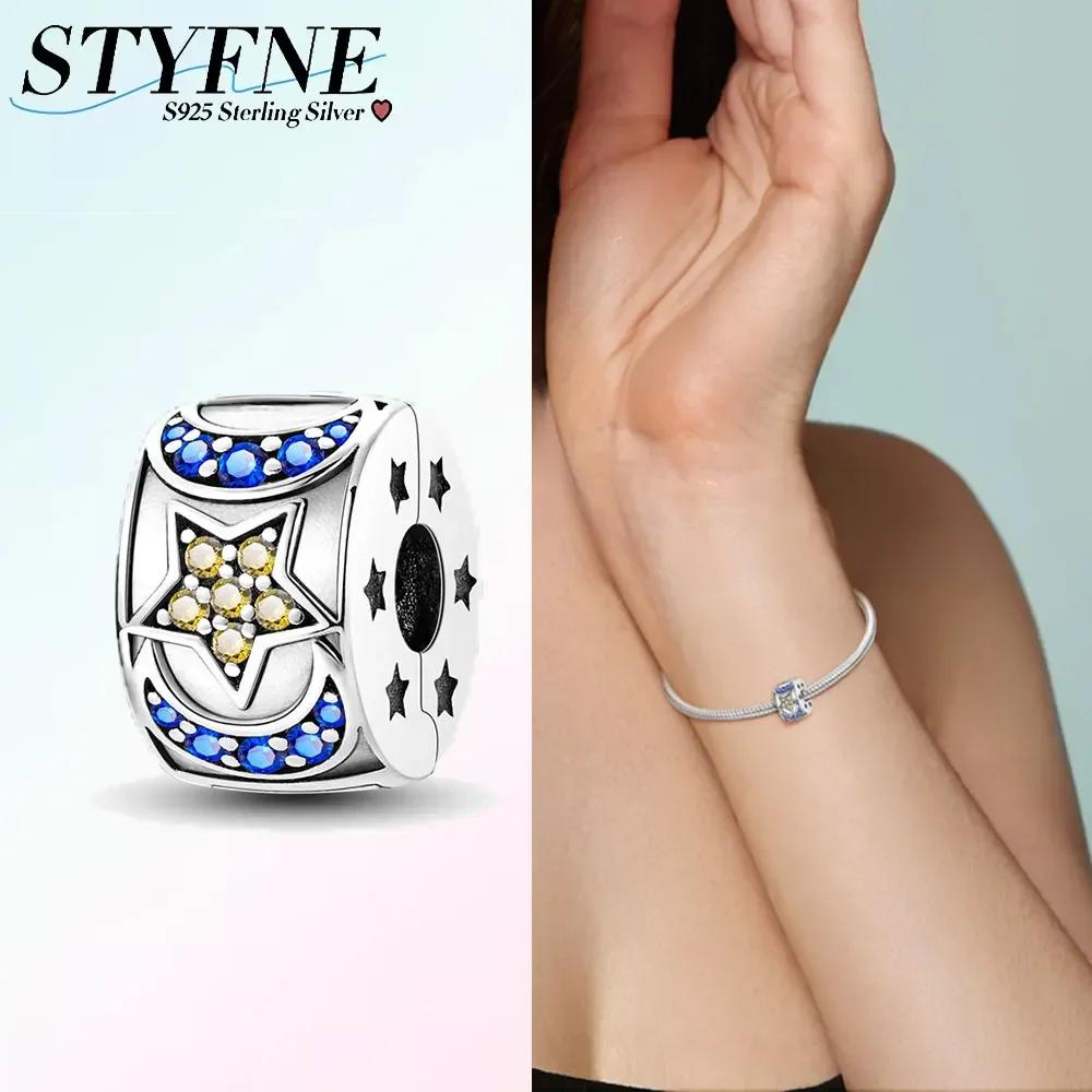 Exquisite Copper Colored Zircon Paving Star Moon Clip Charm Spacer Beads For Women'S Original Bracelet Jewelry Gift