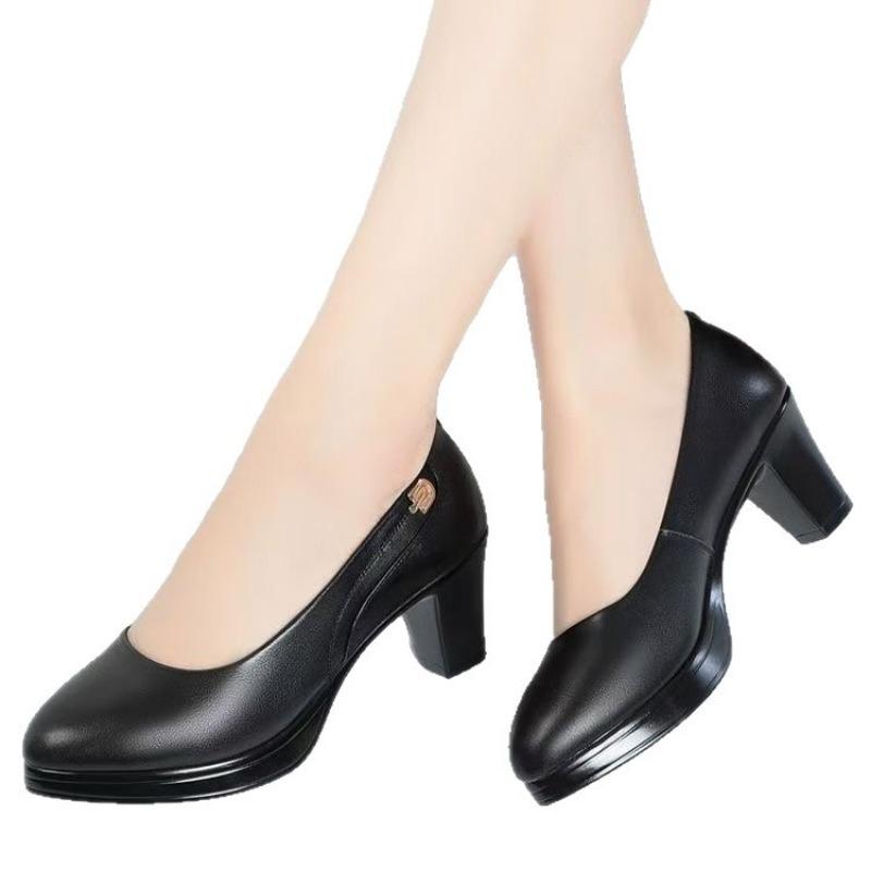 Fashion Womens High Heels 2025 Autumn New Soft Leather Soft-soled Mother Shoes Middle Heel Comfortable Breathable Non-slip Work Shoes