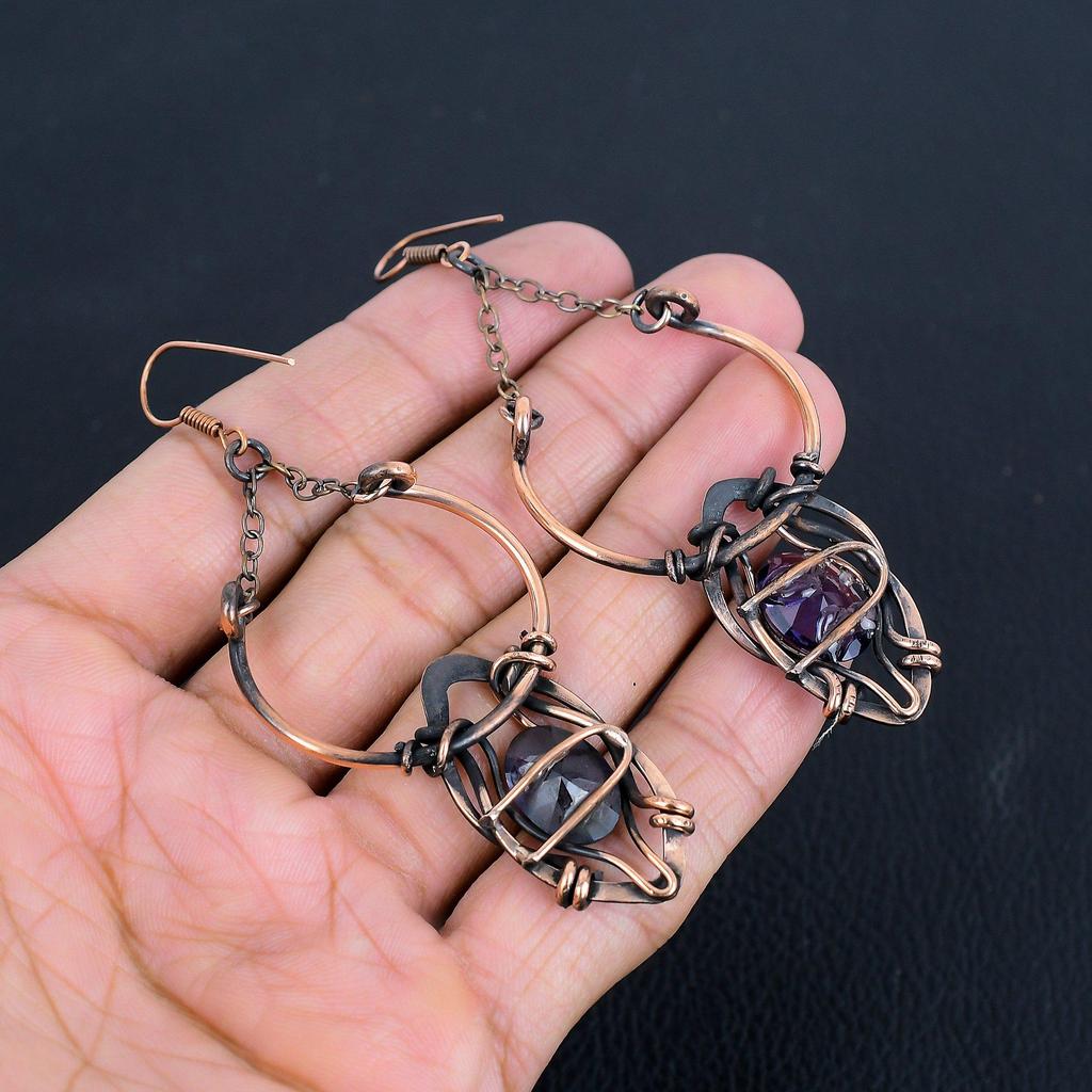 Amethyst Earrings Gemstone Jewelry, 999 Copper Wire Wrapped Earrings, Gift For Women Handmade Earrings
