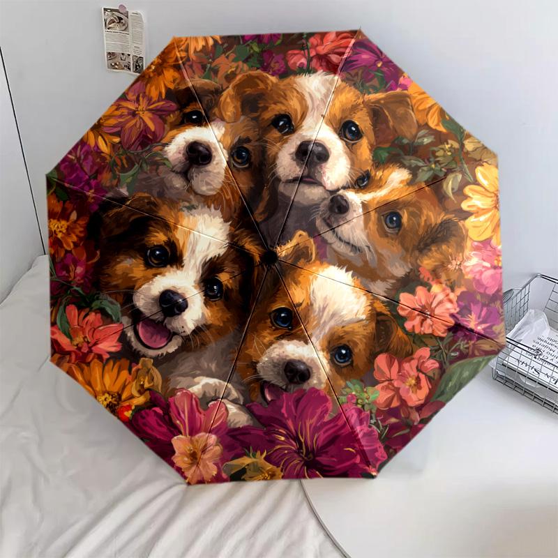 0106 Dog In Flower Bush  Pattern, Automatic Folding Umbrella, Portable and Foldable Design, 8 Ribs, a Christmas or Birthday Gift.