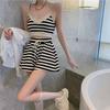 Two Piece Sets Women Summer Vacation Backless Camisole Elastic Waist Shorts Stripe Y2K Beach Style Suits