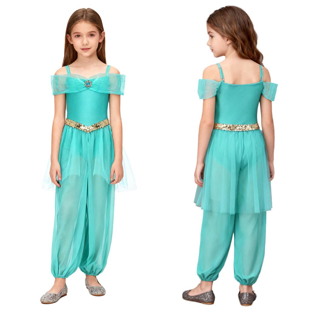 Costume Principessa Araba per Bambine e Ragazze Spalline Regolabili con Strass Paillettes Fascia Decorativa in Vita Sovrapposizione in Rete Pantaloni Lunghi con Slip Integrati per Cosplay