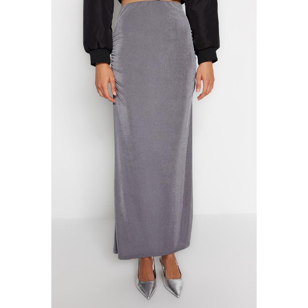 Navy Blue Premium Shiny Surface And Soft Textured Draped Maxi Knitted Skirt Twoaw24et00090