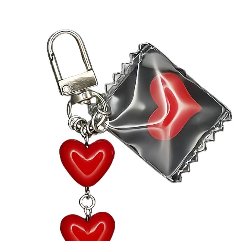 Playful Red Candy Pouch Keyring Heart Shaped Alloy Resin Accessory  Ideal For Keys Gifts Decoration Hanging Charm