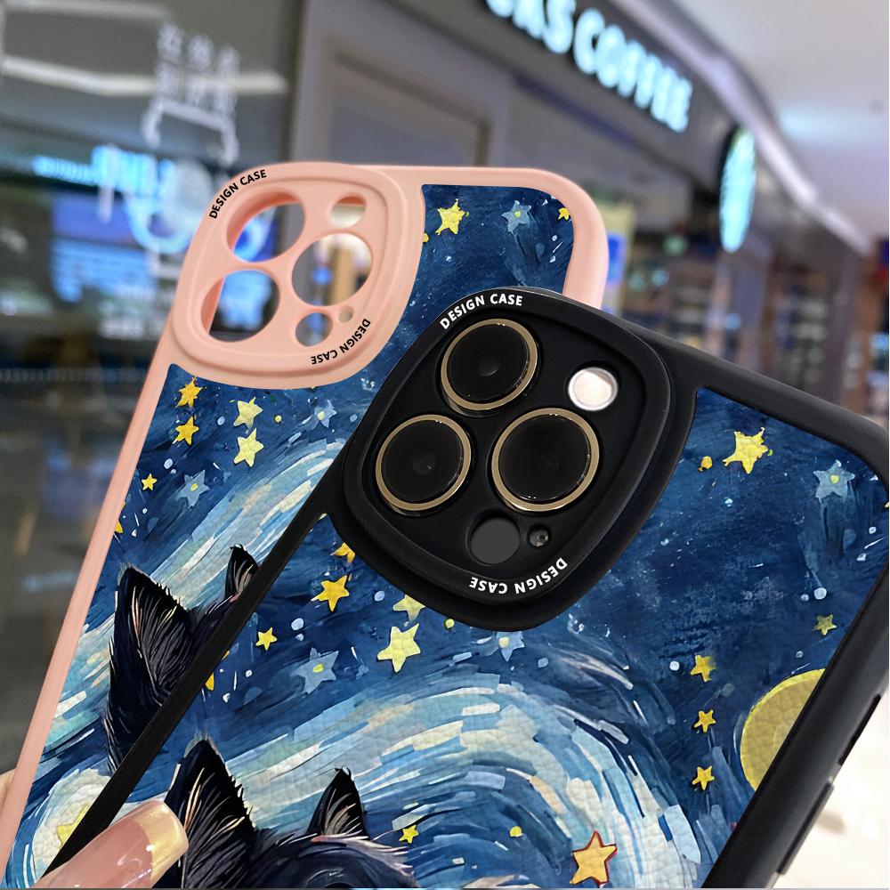 The Starry Night Black Cat PU Leather Phone Case for iPhone 15 14 13 12 Pro Max Samsung Galaxy S23 Ultra S20 FE A52 Redmi Xiaomi POCO Soft Cover