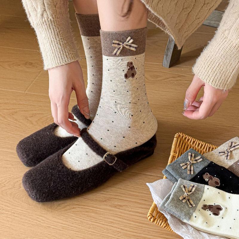 Autumn and Winter Bear Embroidered Bow Cartoon Versatile Mid-calf Socks for Women In Contrasting Colors Cute Cartoon Dot Pile Socks