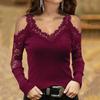 New Spring Autumn Women's Fashion V Neck Blouse Solid Color Off Shoulder Tops Long Sleeve Sexy Lace T-Shirt Slim Fit Blouses Tops