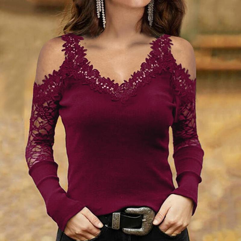 New Spring Autumn Women's Fashion V Neck Blouse Solid Color Off Shoulder Tops Long Sleeve Sexy Lace T-Shirt Slim Fit Blouses Tops