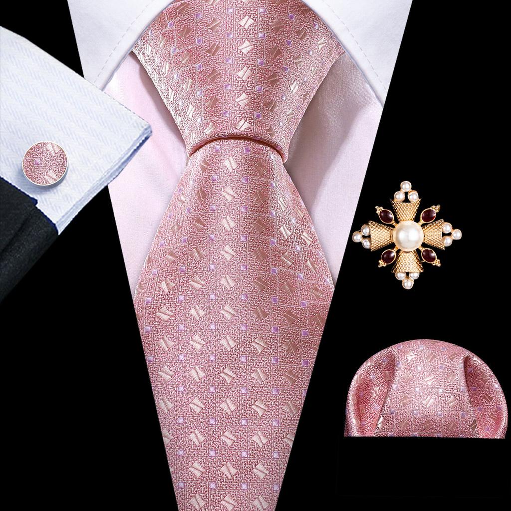 Pearl Brooch with Silk Tie for Men Vintage Floral Teal Necktie Hanky Cufflinks Gift Formal Set
