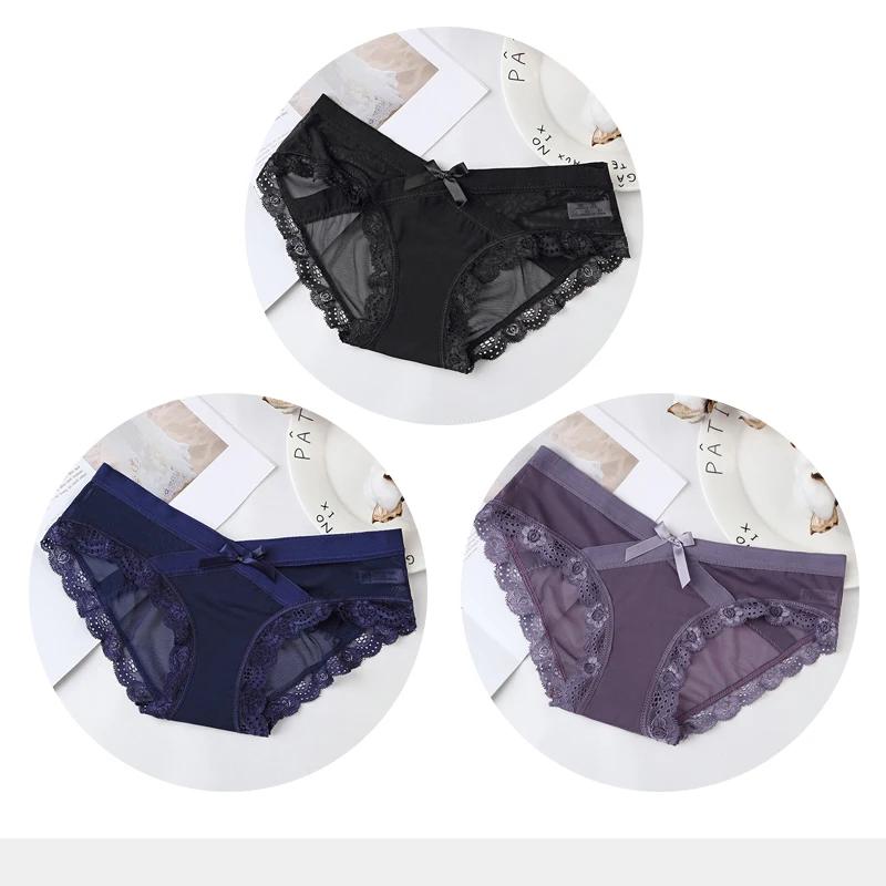 Women's Sexy Panties Transparent Mesh Breathable Briefs Underwear Low-Rise Bow Floral Panty for Lady Girl 3 Pcs/set