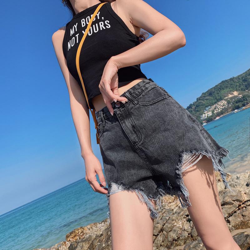 Genç Skinny Moda ve Çok Yönlü Denim Şort Kadın Bol Yazlık İnce Kesim Büyük Beden Yüksek Bel İnce A Kesim Geniş Paça Yırtık Pantolon