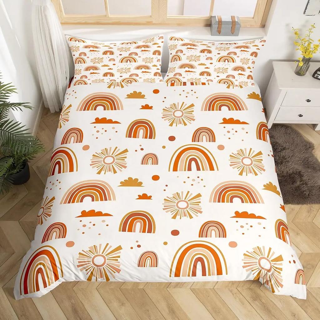 Cartoon Rainbow Sun Bedding Set For Girls Kids Bedroom Decor Comforter Cover Kawaii Art Duvet Cover Polyester Comforter Cover