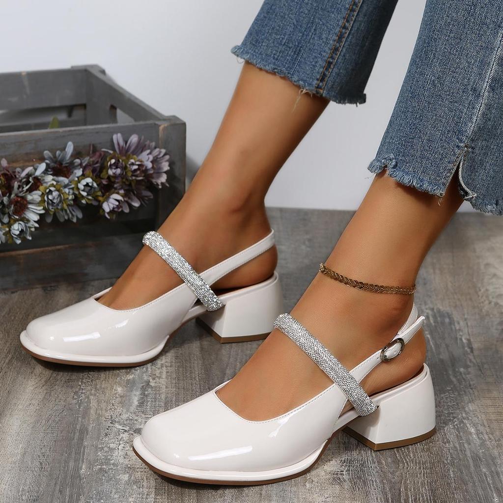 Damensandalen Dicke Ferse Quadratische Zehenpartie Klassische Mary-Jane-Schuhe für Damen 2026 Neues Design Elegante Niedrige Einzelne Schuhe Lackleder