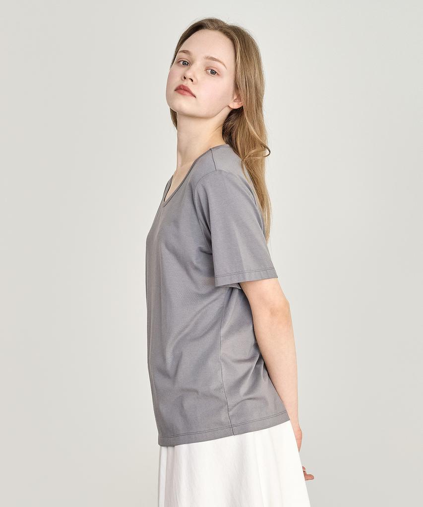 BASIC HOUSE Women'S U-Neck Oversized Stretch Short Sleeve T-Shirt Dark Gray Lats0210
