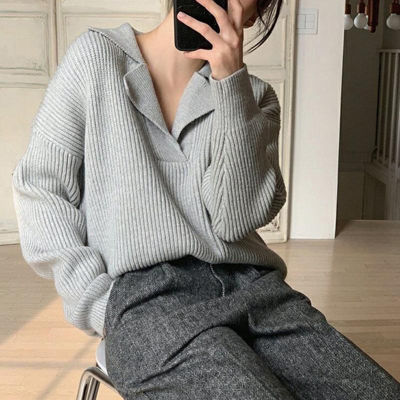 Hirsionsan Herbst Einfache Grund Kaschmir Jumper Frauen Casual Solide V-ausschnitt Pullover Weibliche Lange Hülse Lose Faul Gestrickte Pullover