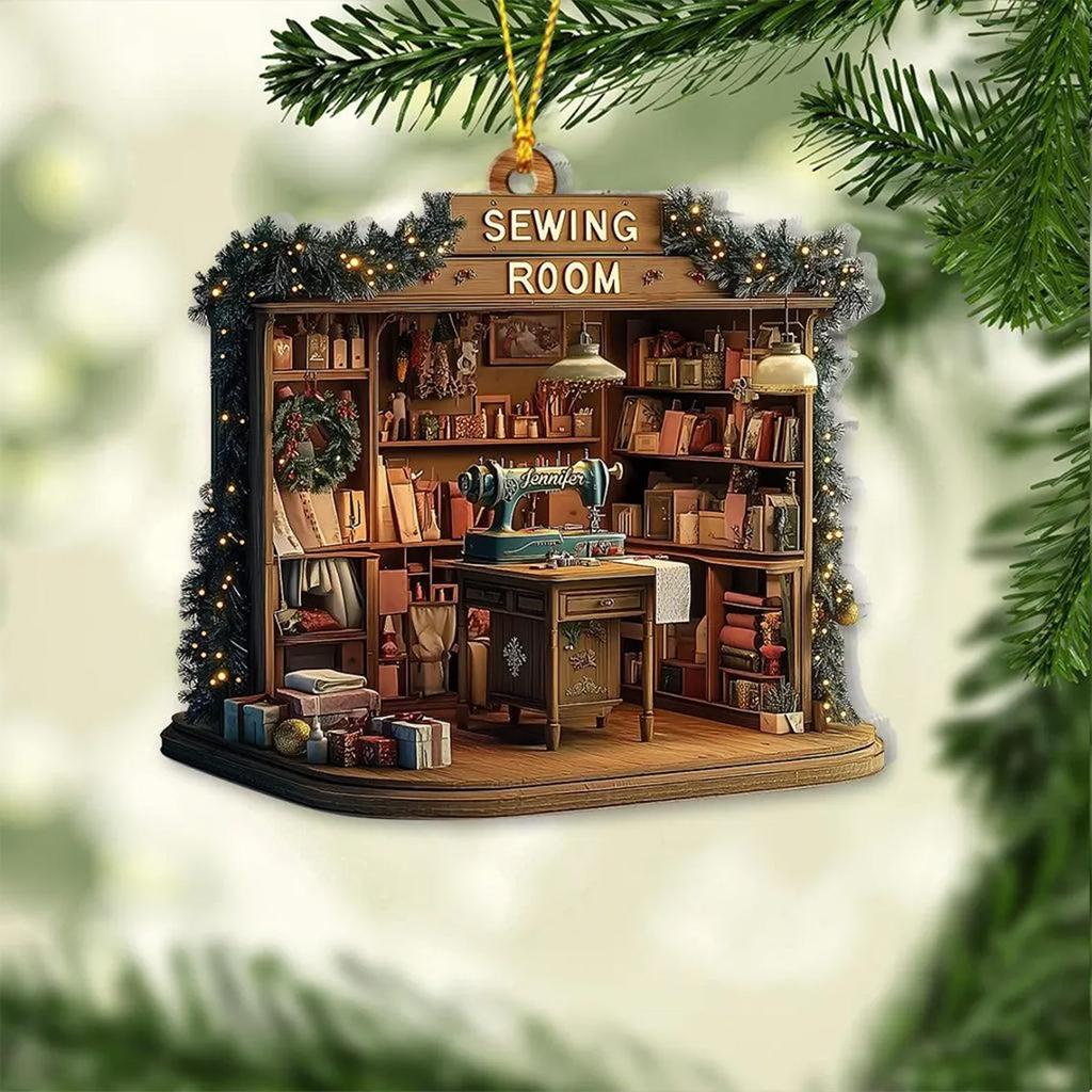 Vánoční akrylová ozdoba Grafický design Šicí pokoj Ozdoba na vánoční stromeček Vintage šicí stroj Ozdoba Dárky do punčochy