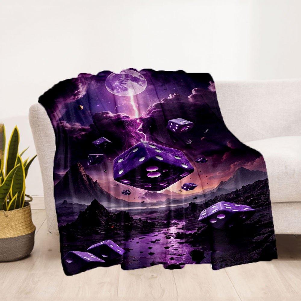Purple Dice Fantasy Landscape Wall Art PrintBlanket Flannel Throw Blanket for Sofa, Bed, Travel, Camping, Office