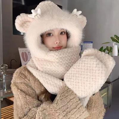 Winter Dragon Ball Cute Hat for Women Thickened Gloves Scarf Integrated Scarf Hooded Plush All Match Warm Three Piece Set