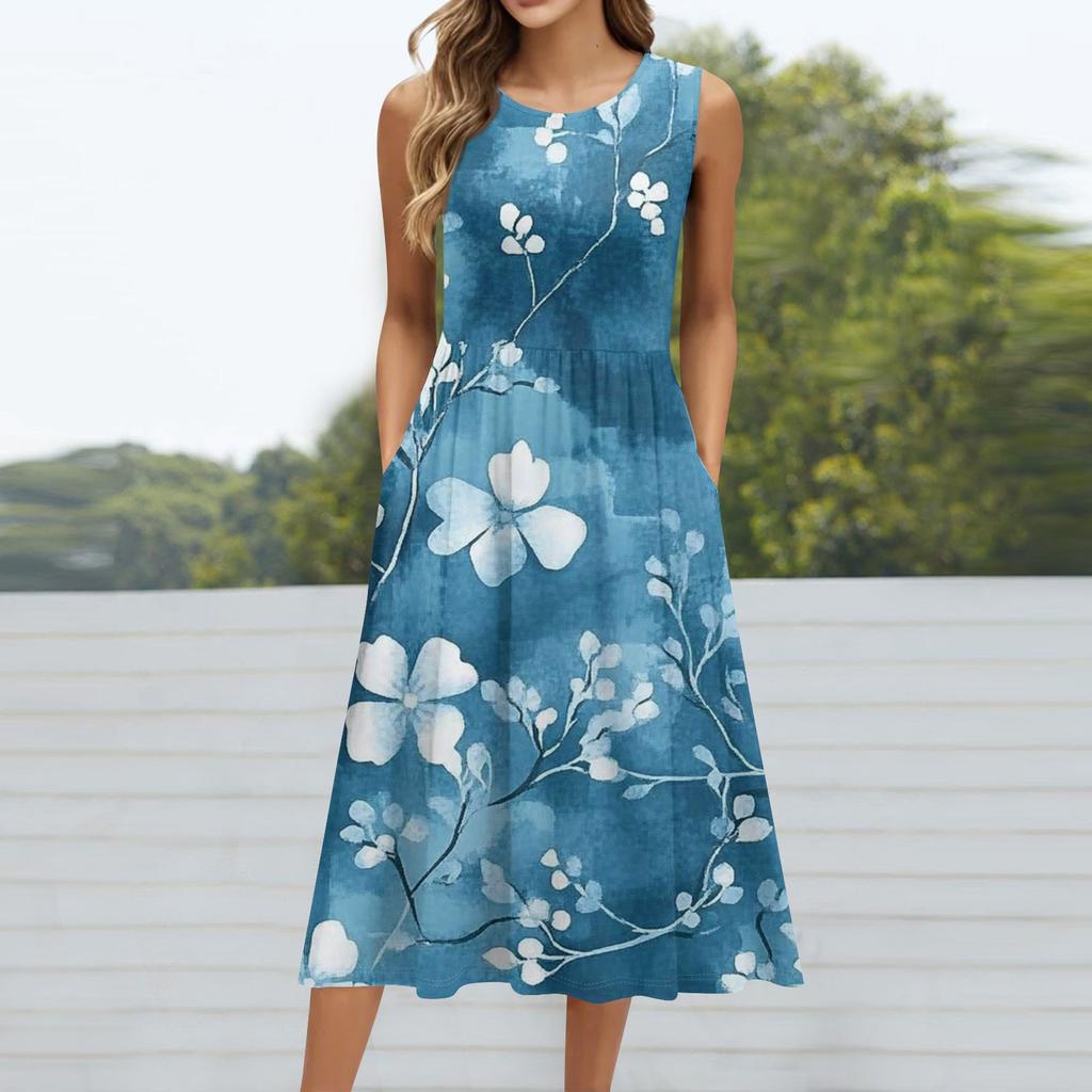 Robe mi-longue décontractée à imprimé à la mode pour femmes, col rond, sans manches, avec poche