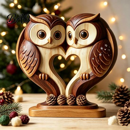 Hand Polished Wood Decor Wooden Animal Ornament with Stable Base, Double Layer Carved Figurine, Rustic Crafts for Office Heart Shape Sculpture