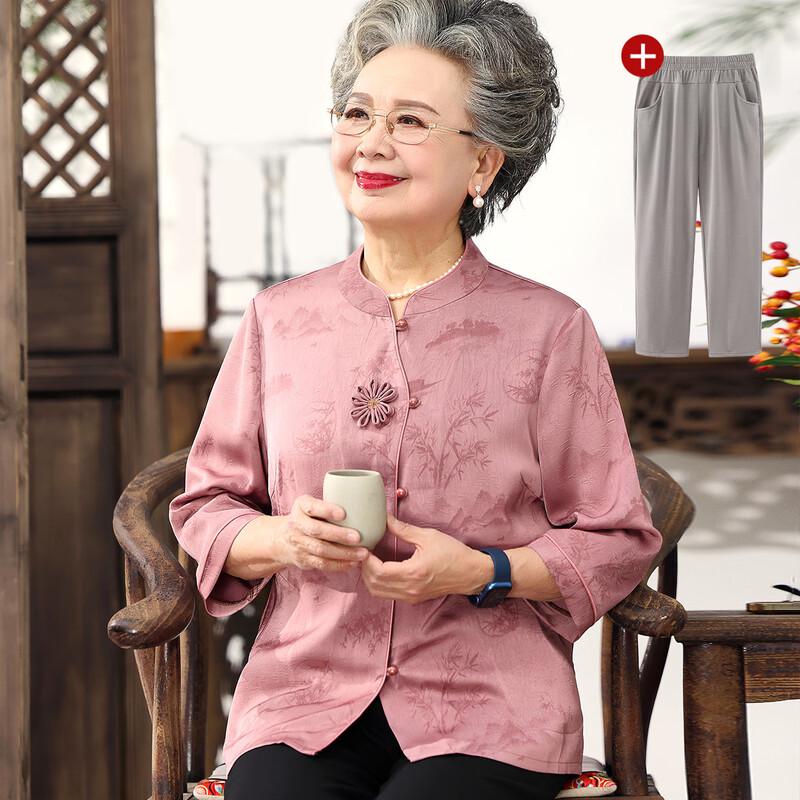 Elegant Stand Collar Summer Shirt Set for Elderly Women 3XL