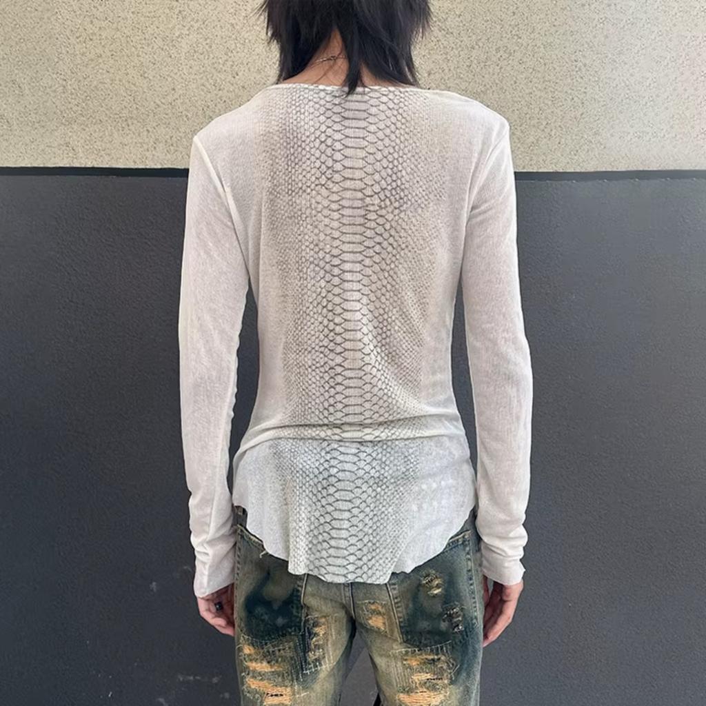 2KWEIRD Y2k Snakeskin Print T-shirt Grunge Aesthetics Long Sleeve Knitted Tops Vintage 2000s Streetwear American Retro