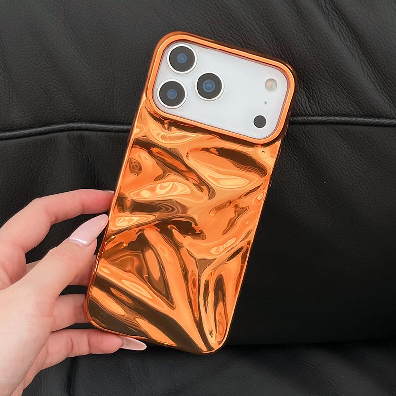 Plating Cosmic Orange 3D Water Ripple Pattern Case For iPhone 17 Pro Max 16 15 Air 14 13 12 11 Fashion Phone Back Cover