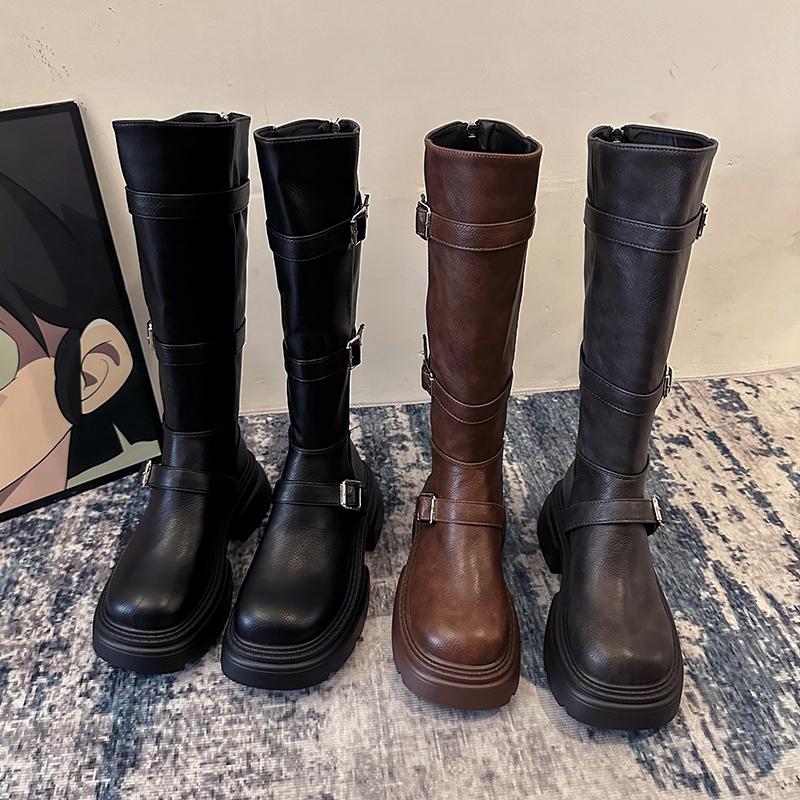 Punk Style Thick Heel Woman Knee High Boots Fashion Belt Buckle Zippers Shoes Female Knight Booties Shoes