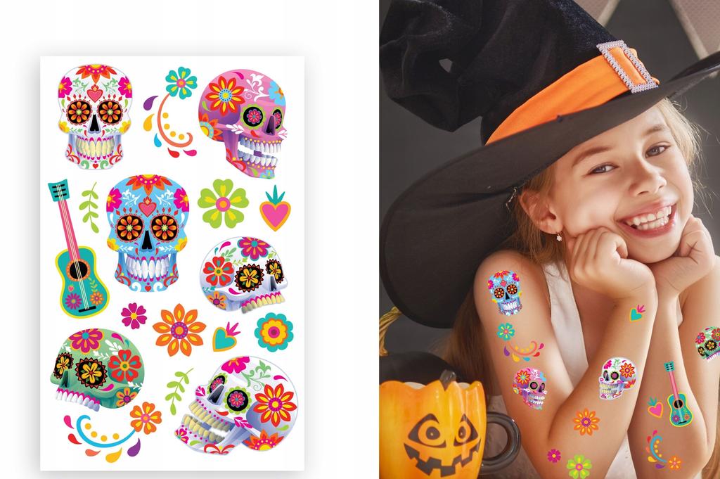 Tatuaże Zmywalne Kolorowe Czaszki Halloween Catrina Kwiaty La Muerte