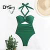 Women Monokini Padded Underwire Solid Color Halter One-Piece Bikini with Hollow Design Beach Vacation Swimwear