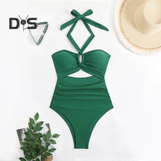 Women Monokini Padded Underwire Solid Color Halter One-Piece Bikini with Hollow Design Beach Vacation Swimwear