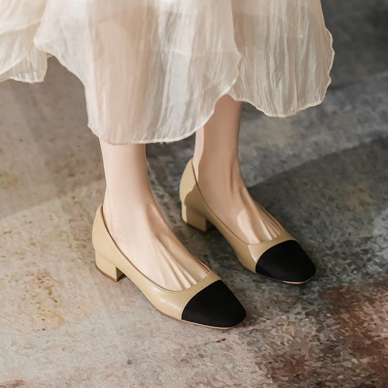 Fashion Leather Color Matching Thick Heel Single Shoes Womens 2025 Summer New Middle Heel Light Mouth Soft Sole Black High Hels Women