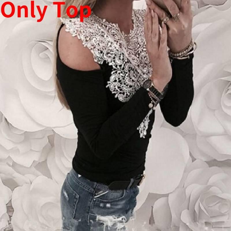 Elegant Spring Collection Sexy Lace Shoulder Cutout Cotton T-shirt Top In Gray Pink White And Black