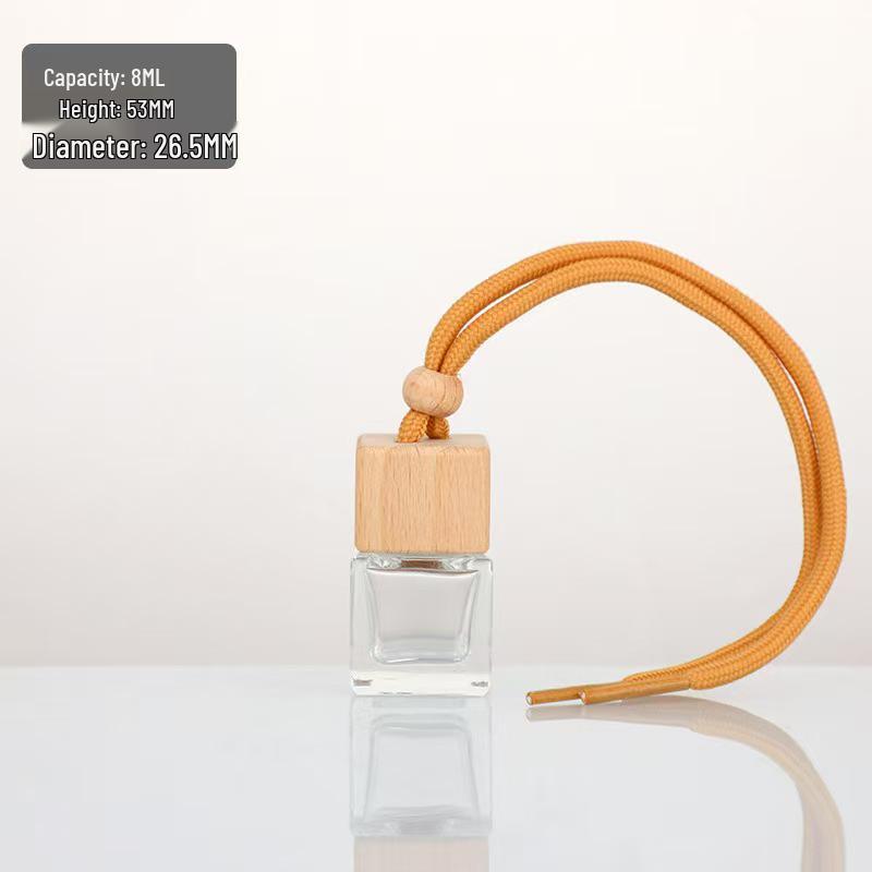 Aromatherapy Car Perfume Bottle, Refillable Glass with Wooden Lid & Lanyard, Portable Square Design.