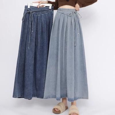 Lace Up Corset Midi Long Skirts Women Spring Summer Korea Style Vintage High Waist Jean Skirt A Line Ruffle Pleated Denim
